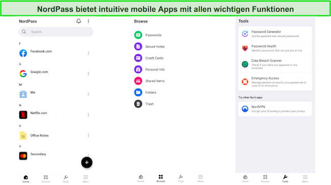 Screenshot, der die Benutzeroberfl&auml;che der mobilen App von NordPass zeigt