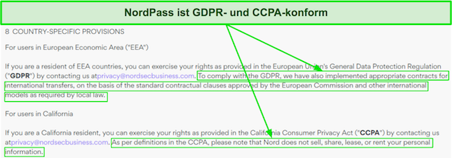 Screenshot, der die DSGVO- und CCPA-Konformit&auml;t von NordPass hervorhebt