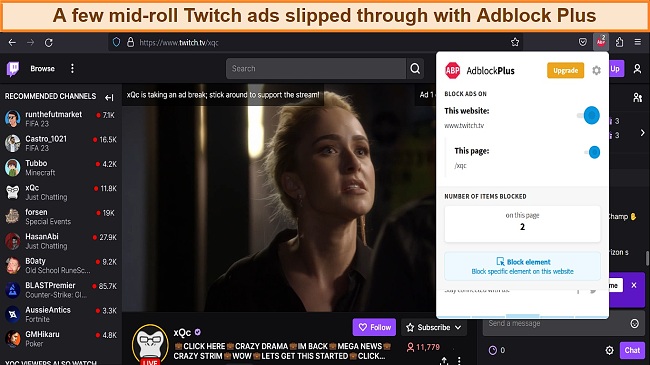 Screenshot of the Adblock Plus browser extension failing to block a mid-roll ad on Twitch