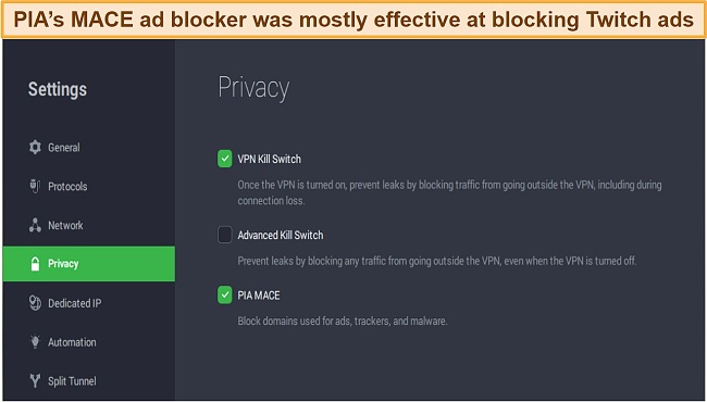 Screenshot of PIA VPN's MACE ad blocker settings in the context of blocking Twitch ads