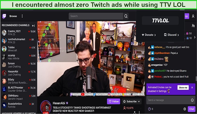 Screenshot of the TTV LOL browser extension blocking ads on Twitch