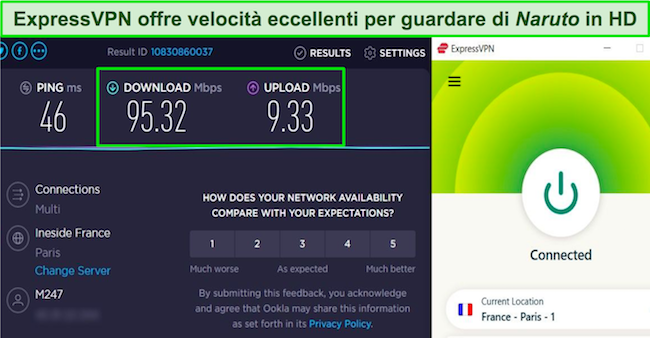 Screenshot del risultato del test di velocit&agrave; di ExpressVPN