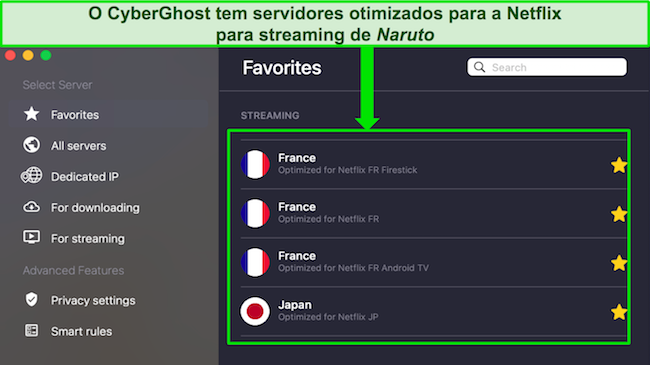 Captura de tela da guia Favoritos do CyberGhost mostrando servidores Netflix otimizados para Fran&ccedil;a e Jap&atilde;o
