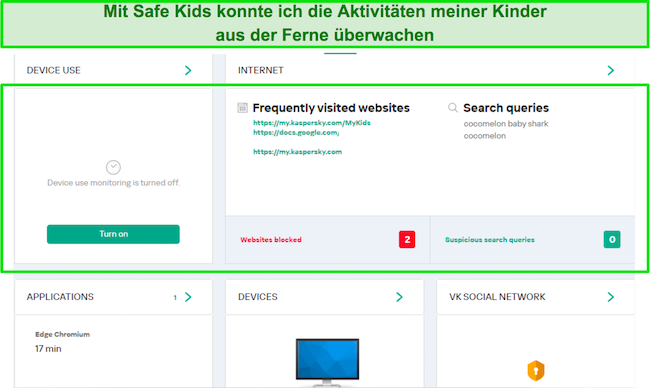Screenshot des &Uuml;berwachungs-Dashboards f&uuml;r die Kindersicherung von Kaspersky Safe Kids