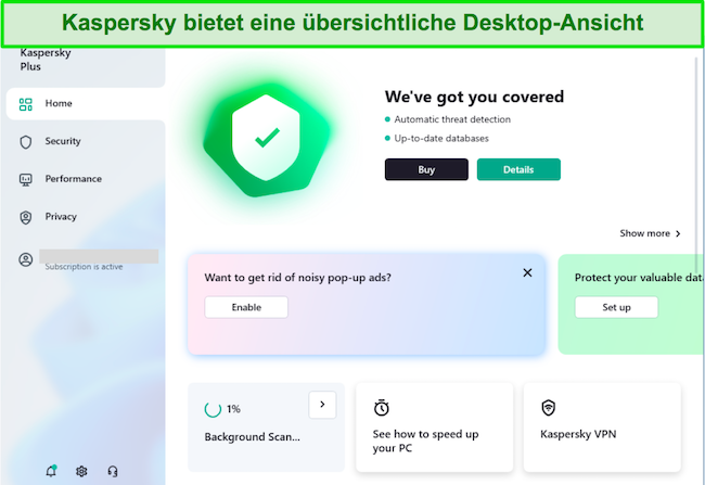 Screenshot der Benutzeroberfl&auml;che der Kaspersky Windows-App