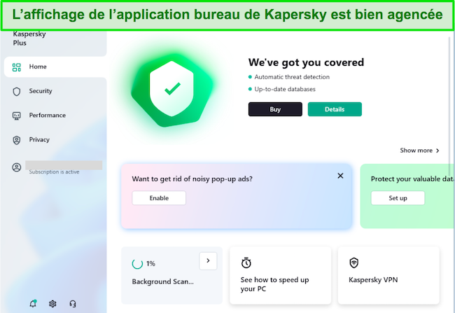 Capture d'&eacute;cran de l'interface de l'application Kaspersky Windows
