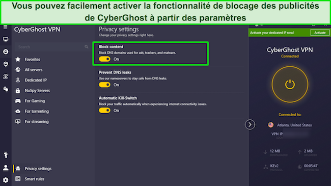 La fonctionnalit&eacute; de blocage des publicit&eacute;s de CyberGhost est activ&eacute;e dans le menu des param&egrave;tres