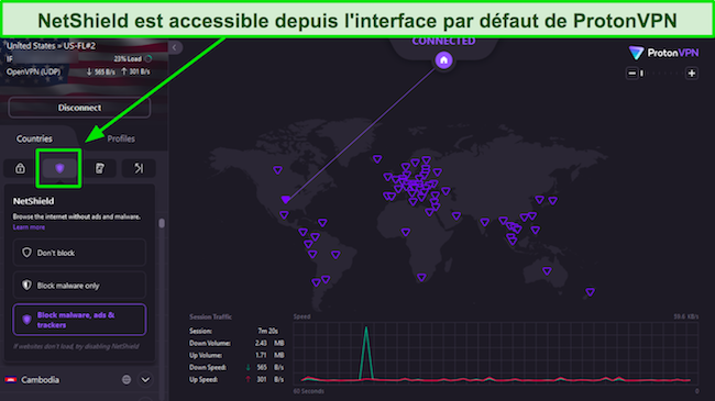 Une capture d'&eacute;cran de l'interface de ProtonVPN avec NetShield en surbrillance