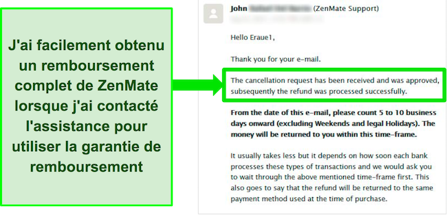 Capture d'&eacute;cran d'une conversation par e-mail avec l'&eacute;quipe de support client de ZenMate qui a approuv&eacute; un remboursement avec la garantie de remboursement