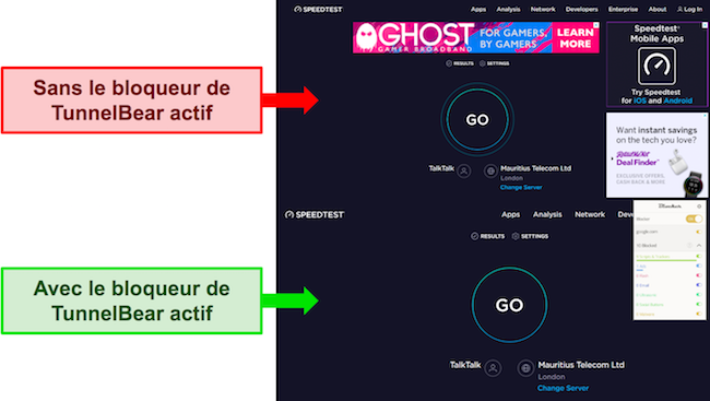 Captures d'&eacute;cran du site Web de test de vitesse Ookla, montrant les publicit&eacute;s affich&eacute;es lorsque le bloqueur de TunnelBear est d&eacute;sactiv&eacute; et le manque de publicit&eacute;s lorsque le bloqueur est actif
