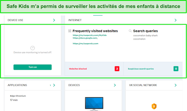Capture d'&eacute;cran du tableau de bord de surveillance des contr&ocirc;les parentaux de Kaspersky Safe Kids