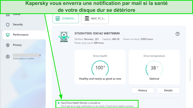 Capture d'&eacute;cran de l'affichage du moniteur de sant&eacute; du disque dur de Kaspersky