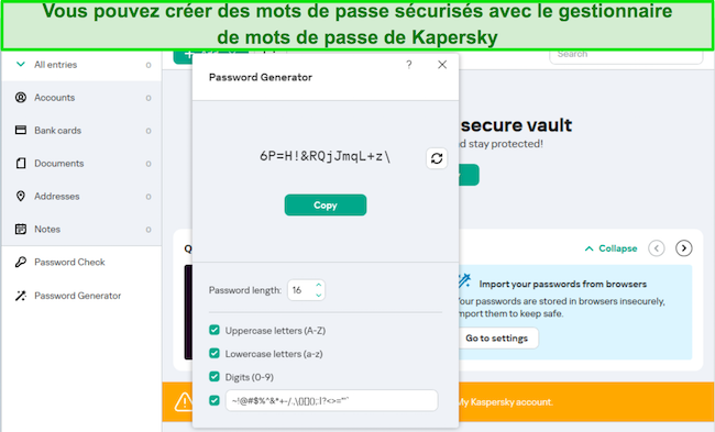 Capture d'&eacute;cran du g&eacute;n&eacute;rateur de mot de passe Kaspersky