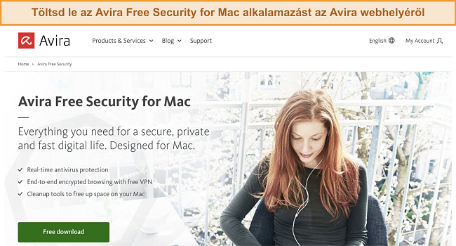 K&eacute;pernyők&eacute;p az Avira Free Security for Mac let&ouml;ltőgombj&aacute;r&oacute;l az Avira weboldal&aacute;n