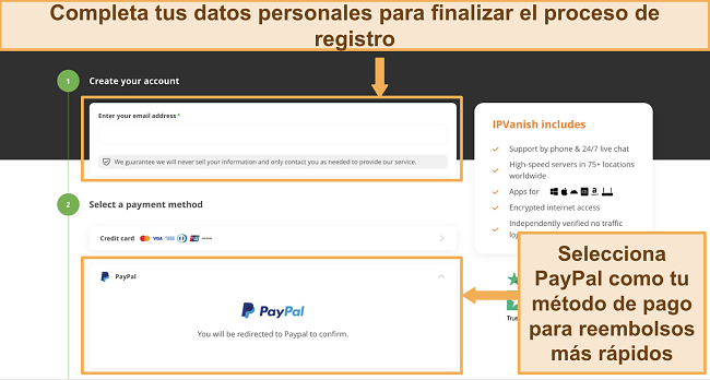 Captura de pantalla de la p&aacute;gina de suscripci&oacute;n de IPVanish con PayPal seleccionado como m&eacute;todo de pago.