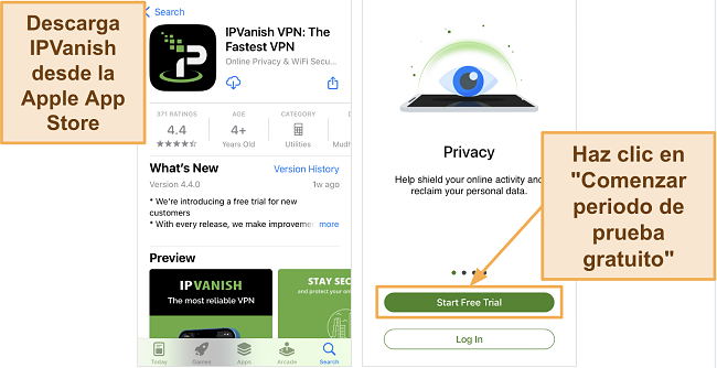 Captura de pantalla de la descarga de la aplicaci&oacute;n IPVanish en la App Store de Apple y el bot&oacute;n de Prueba Gratuita en un iPhone