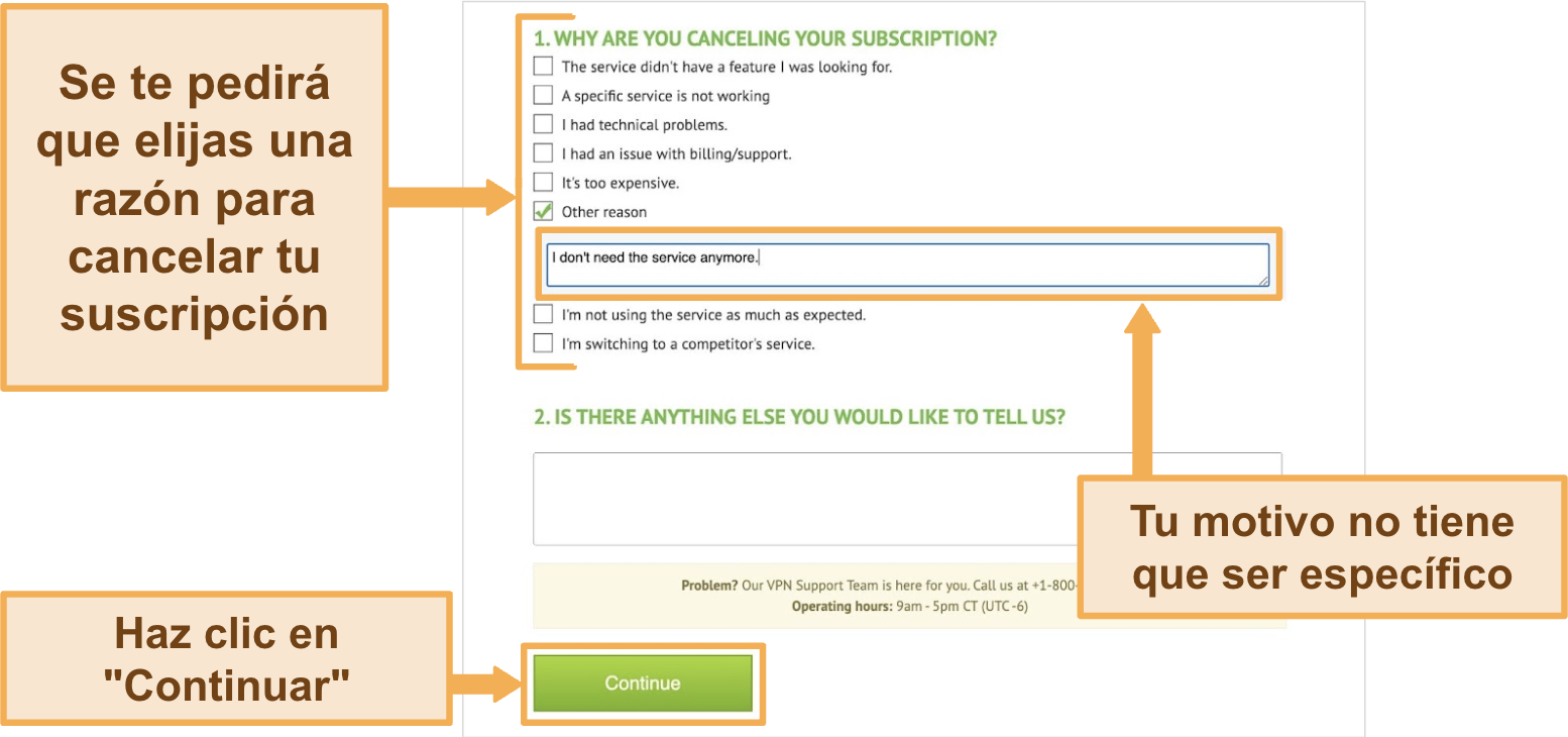 Captura de pantalla del motivo de cancelaci&oacute;n de IPVanish en el escritorio.