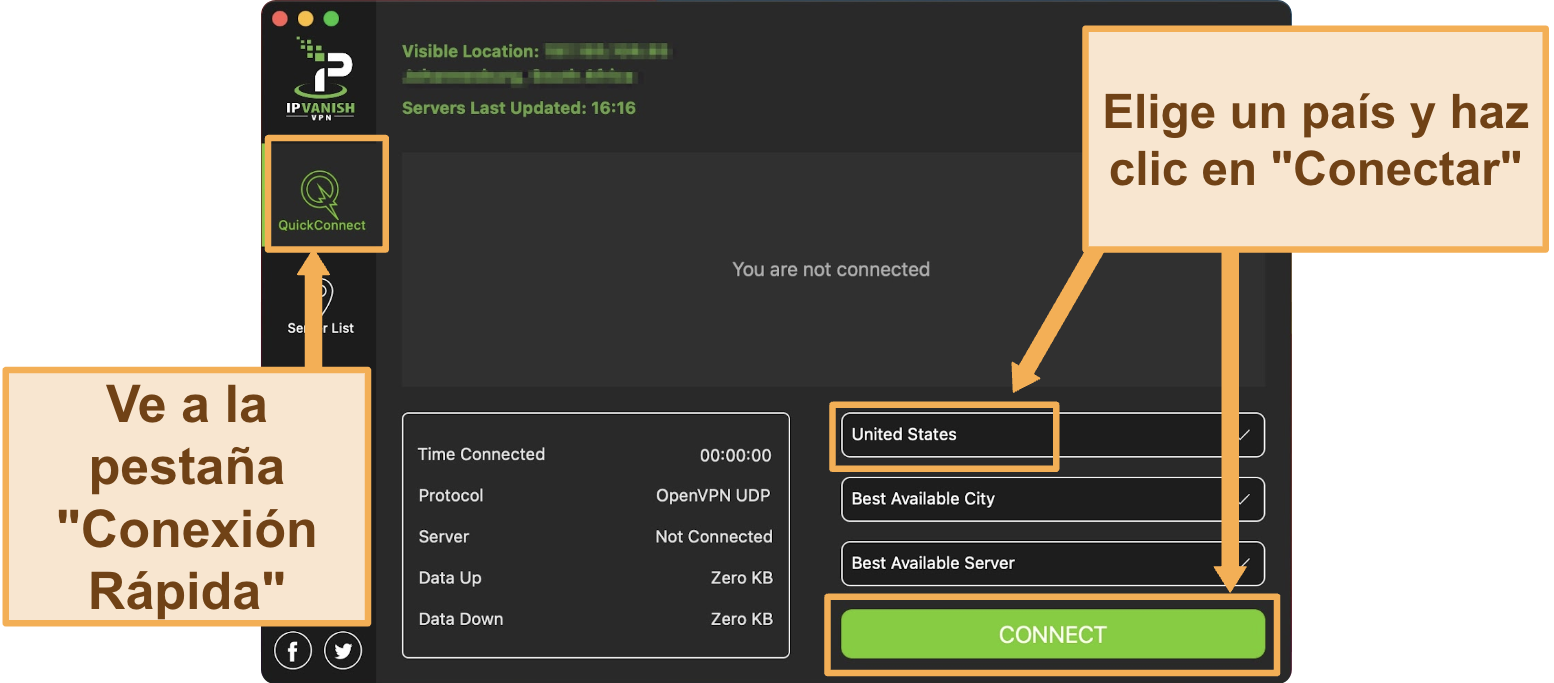 Captura de pantalla de la aplicaci&oacute;n IPVanish en el escritorio (macOS).