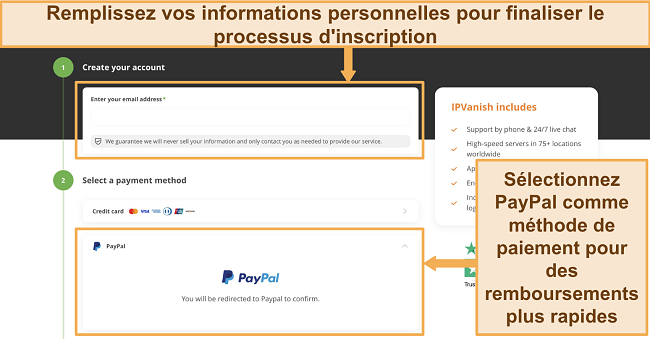 Capture d'&eacute;cran de la page d'abonnement d'IPVanish avec PayPal comme m&eacute;thode de paiement choisie