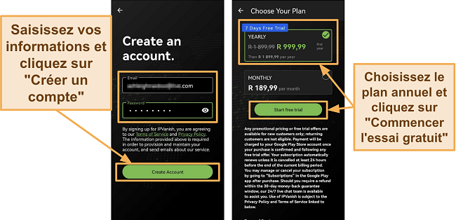 Capture d'&eacute;cran de l'application IPVanish sur Android montrant les d&eacute;tails du nouveau compte et l'abonnement annuel avec un essai gratuit de 7 jours sur un t&eacute;l&eacute;phone Huawei