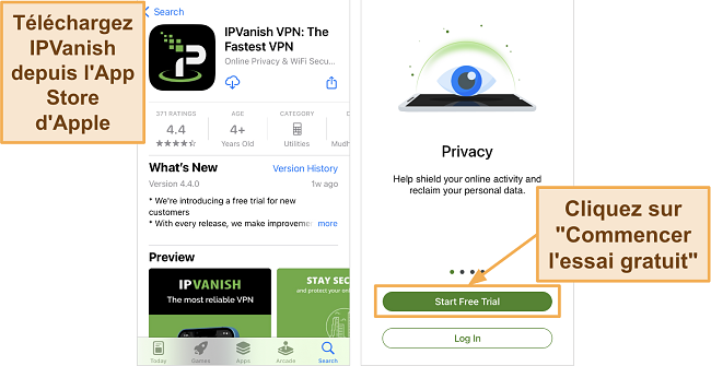 Capture d'&eacute;cran du t&eacute;l&eacute;chargement de l'application IPVanish sur iOS dans l'App Store d'Apple et du bouton d'essai gratuit sur iPhone