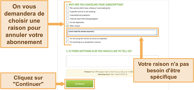 Capture d'&eacute;cran de la raison d'annulation d'IPVanish sur ordinateur de bureau
