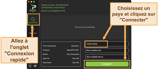 Capture d'&eacute;cran de l'application IPVanish sur un ordinateur de bureau (macOS)