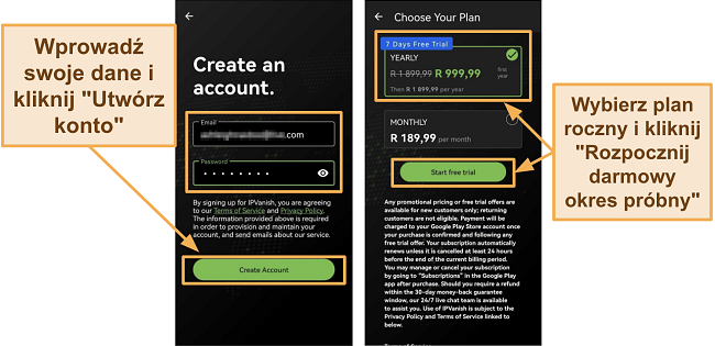 Zrzut ekranu z aplikacji IPVanish Android pokazującej szczeg&oacute;ły nowego konta i roczną subskrypcję z 7-dniowym darmowym okresem pr&oacute;bnym na telefonie Huawei