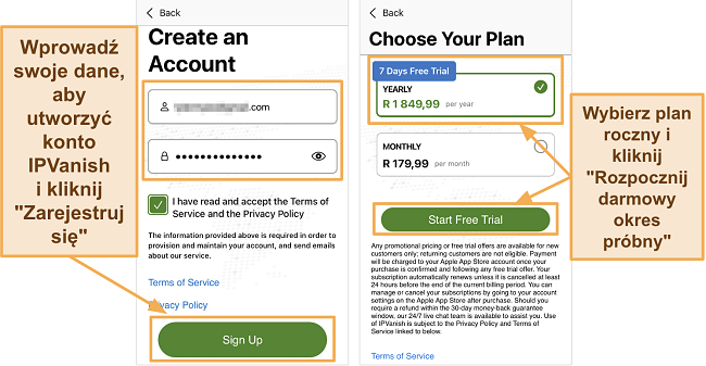 Zrzut ekranu z aplikacji IPVanish iOS pokazującej szczeg&oacute;ły nowego konta i roczną subskrypcję z 7-dniowym darmowym okresem pr&oacute;bnym na iPhone