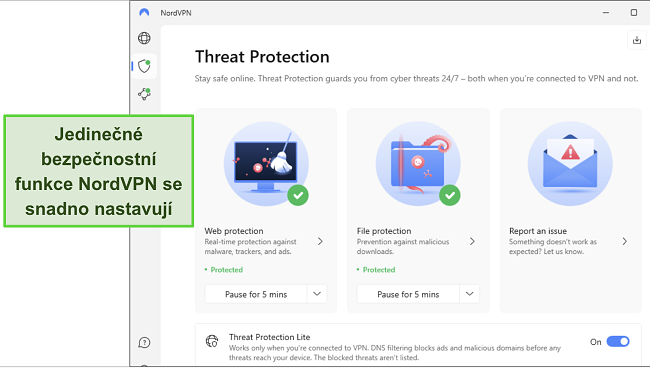 Sn&iacute;mek obrazovky aplikace NordVPN pro Windows, ukazuj&iacute;c&iacute; zapnutou funkci Ochrana před hrozbami.
