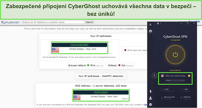 Sn&iacute;mek obrazovky testu &uacute;niku IP s CyberGhostem připojen&yacute;m k americk&eacute;mu serveru, ukazuj&iacute;c&iacute; ž&aacute;dn&eacute; &uacute;niky dat.