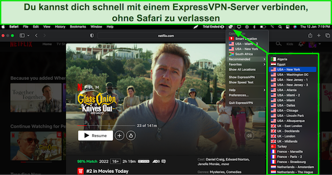 ExpressVPN wird &uuml;ber ein Dropdown-Men&uuml; bedient, w&auml;hrend Netflix auf Safari streamt