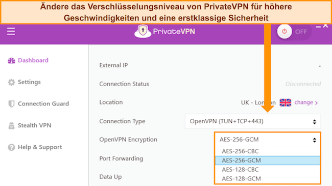 Das Windows-App-Dashboard von PrivateVPN zeigt die Anpassungsoptionen f&uuml;r die OpenVPN-Verschl&uuml;sselung.