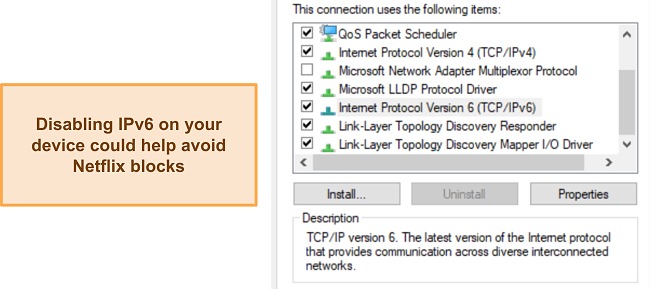 Screenshot of Windows internet adapter settings with IPv6 highlighted.