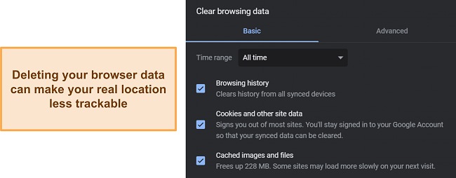 Screenshot of Chrome browser history clearing options.