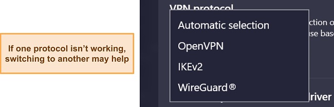 Screenshot of CyberGhost's various VPN protocol options.