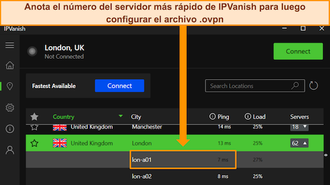 La aplicaci&oacute;n de Windows de IPVanish que muestra el nombre del servidor y el ping en ms.