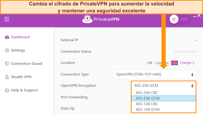 Panel de la aplicaci&oacute;n de Windows de PrivateVPN que muestra las opciones de personalizaci&oacute;n del cifrado de OpenVPN.