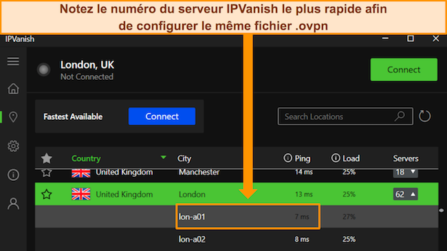 L'application Windows d'IPVanish affichant le nom du serveur et le ping en ms.