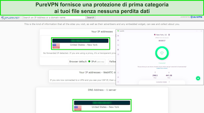 PureVPN si &egrave; connesso a un server statunitense con i risultati di un test di tenuta che mostra zero perdite di dati.