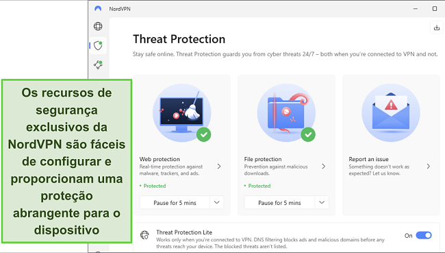 Captura de tela do aplicativo NordVPN para Windows, mostrando o recurso de Prote&ccedil;&atilde;o contra Amea&ccedil;as ativado.
