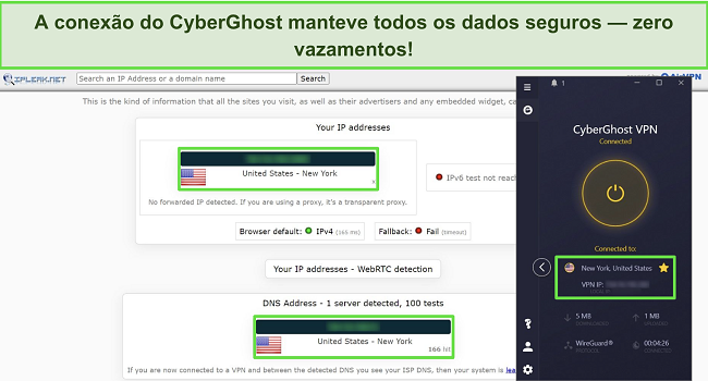 Captura de tela do teste de vazamento de IP com CyberGhost conectado a um servidor dos EUA, n&atilde;o mostrando nenhum vazamento de dados.