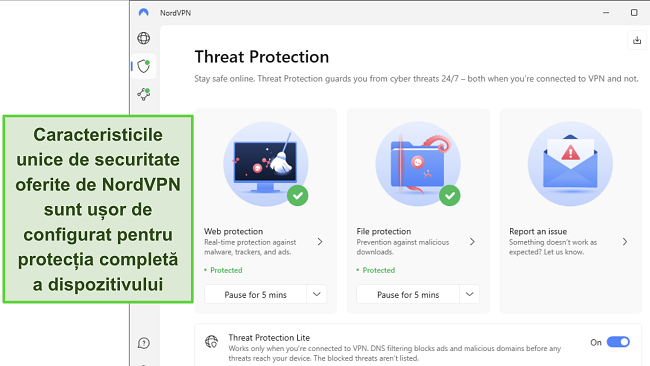 Captură de ecran a aplicației Windows a NordVPN, arăt&acirc;nd că funcția de Protecție &icirc;mpotriva Amenințărilor este activată.