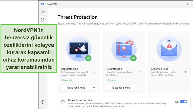 NordVPN'nin Windows uygulamasının ekran g&ouml;r&uuml;nt&uuml;s&uuml;, Tehdit Koruma &ouml;zelliğinin a&ccedil;ık olduğunu g&ouml;steriyor