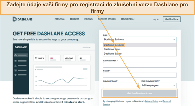 Sn&iacute;mek obrazovky ukazuj&iacute;c&iacute; registraci do zku&scaron;ebn&iacute; verze Dashlane pro firmy