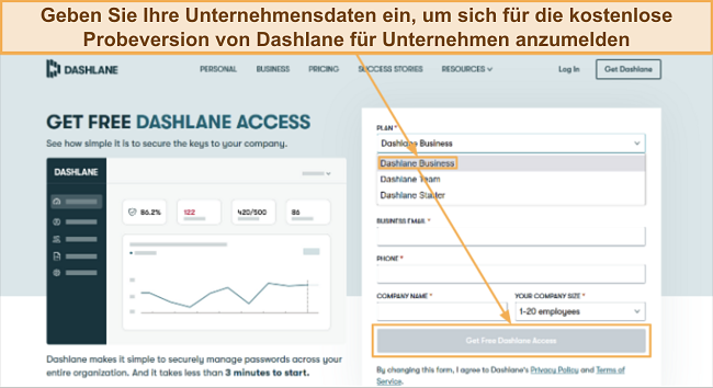 Screenshot, der zeigt, wie man sich f&uuml;r die kostenlose Probeversion von Dashlane f&uuml;r Unternehmen anmeldet