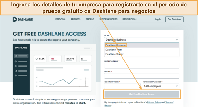 Captura de pantalla mostrando c&oacute;mo registrarse para el periodo de prueba gratuito de Dashlane para empresas