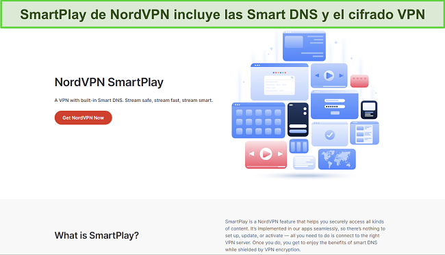 Imagen del sitio web de NordVPN publicitando y describiendo la funci&oacute;n SmartPlay