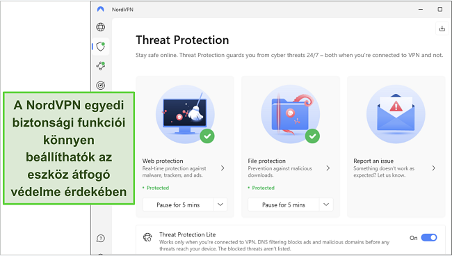 K&eacute;pernyők&eacute;p a NordVPN Windows alkalmaz&aacute;s&aacute;r&oacute;l, amelyen a Fenyeget&eacute;s V&eacute;delem funkci&oacute; be van kapcsolva