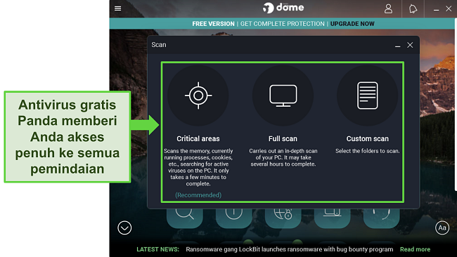 Tangkapan layar antivirus gratis Panda pada perangkat Windows, menunjukkan ketiga pemindaian tersedia